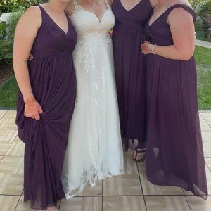 David's Bridal Long Mesh Dress with Cowl Back Detail in Plum